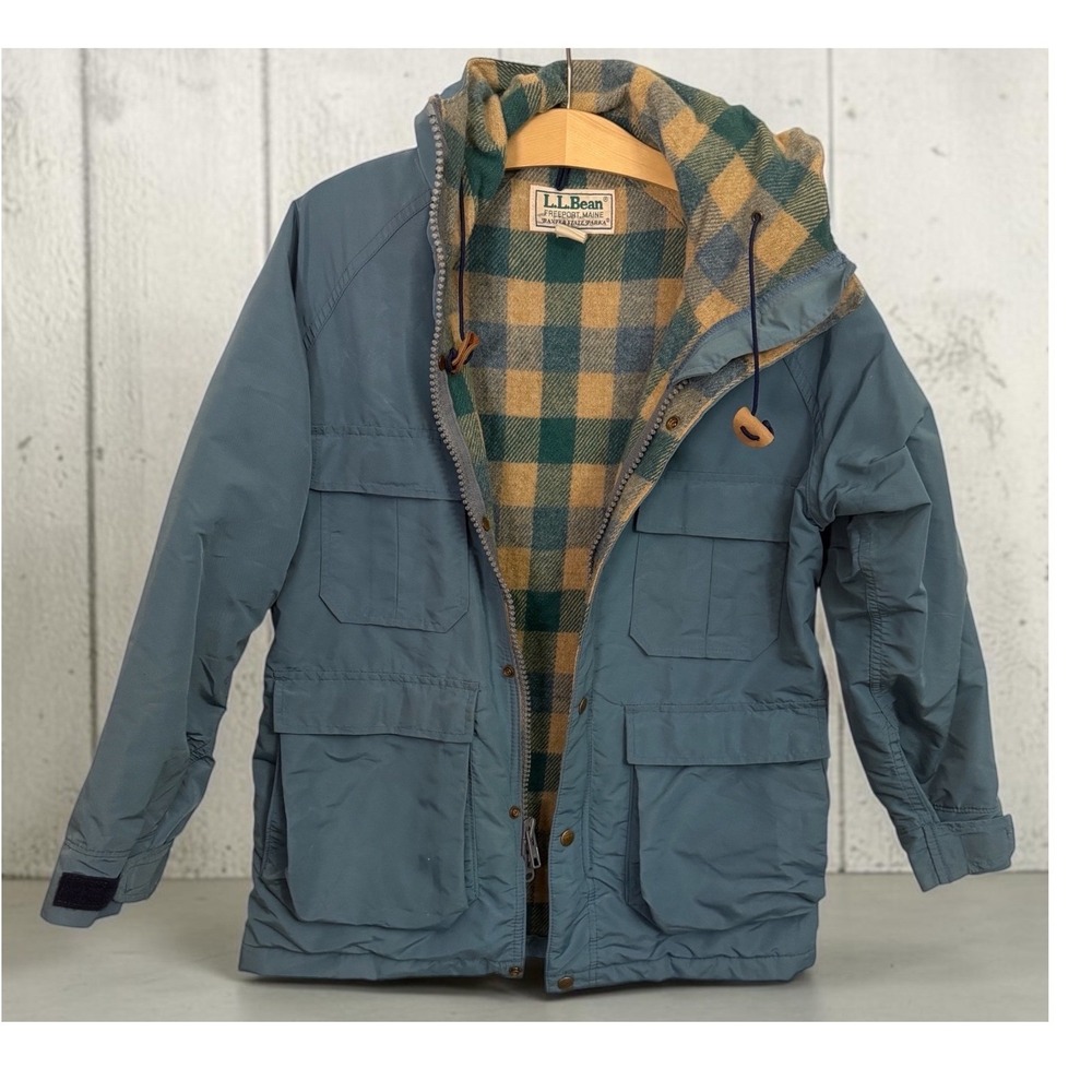 Vintage L.L. Bean Blue State Parka Jacket with Green and Tan Plaid Lining